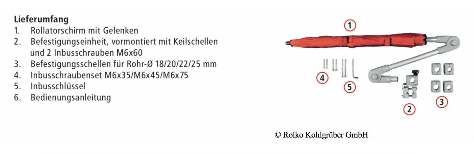 Rollatorschirm für Schutz vor Sonne und Regen in Rot (Rolko GmbH)